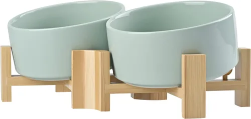 Miniatura 12 de SPUNKYJUNKY Cuenco de cerámica inclinado de 15° para perros y gatos con soporte de madera, cuenco inclinado para comida y agua para bulldog Blanco