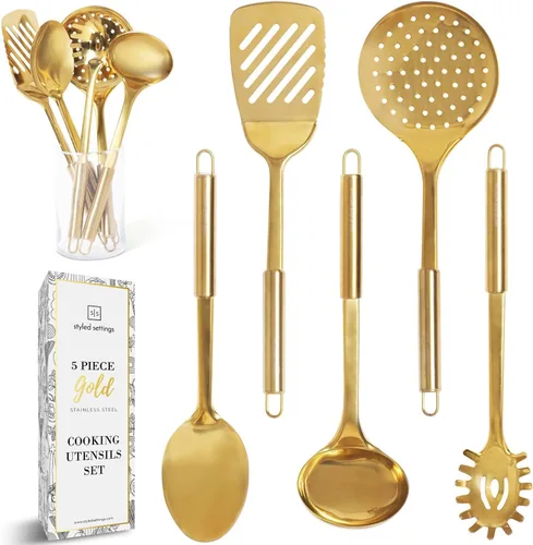 Miniatura 13 de Juego de utensilios de cocina dorados con tazas medidoras y cucharas, 13 piezas de accesorios de cocina dorados de lujo, incluye tazas medidoras