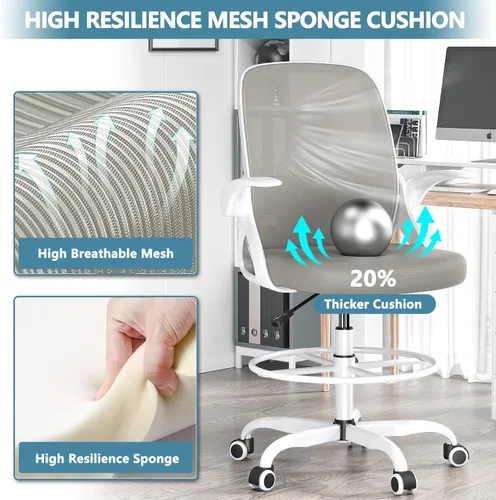 Miniatura 4 de Kensaker Silla de redacción alta, silla de escritorio ergonómica de pie con anillo ajustable para el pie y reposabrazos abatibles, silla de Gris