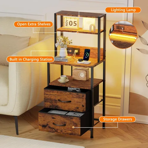 Miniatura 8 de Furnulem Cómoda industrial para dormitorio, mesita de noche de 39 pulgadas de alto con 2 cajones y estación de carga, mesita de noche