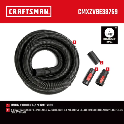 Miniatura 3 de CRAFTSMAN CMXZVBE38759 - Kit de accesorios para manguera de aspiradora seca y húmeda POS-I-LOCK de 2-1/2 pulgadas x 20 pies, manguera de repuesto