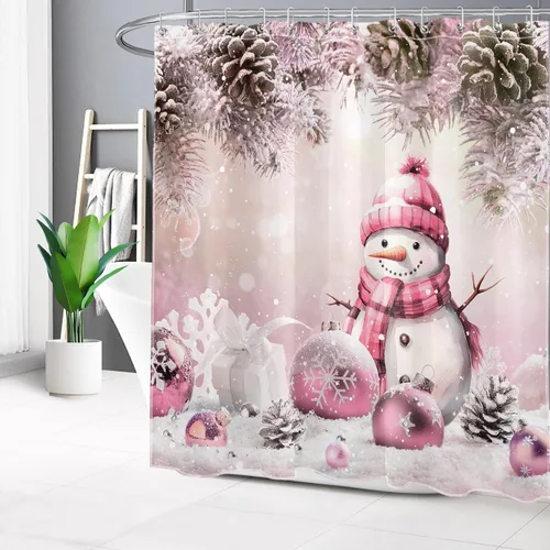 Miniatura 3 de LB Cortina de ducha de Feliz Navidad, bola de Navidad rosa, bonita cortina de ducha de muñeco de nieve, juego de cortina de ducha de invierno blanco