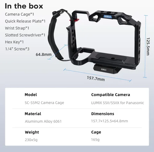 Miniatura 9 de SIRUI Jaula para cámara S5II S5IIX G9 II con correa para muñeca, jaula completa para Panasonic LUMIX S5II S5IIX G9 con placa incorporada para Arca