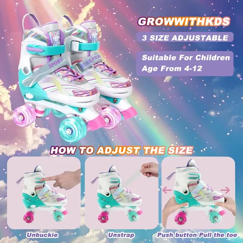 Miniatura 5 de Adjustable Kids Roller Skates for Girls and Boys Ages 3-5 5-8 8-12, All 8 Wheels of Girl's Skates Shine, Safe and Fun Illuminating for Outdoor