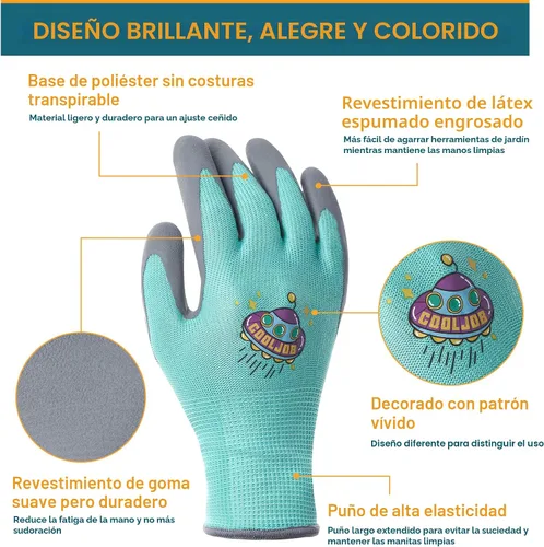 Miniatura 2 de COOLJOB 3 pares de guantes de jardinería para niños de 6 a 8 años, guantes de trabajo de jardín con revestimiento de goma antideslizante para niños
