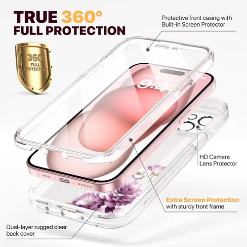 Miniatura 511 de Diaclara Funda diseñada para iPhone 16, mejorada [protección completa de la cámara], carcasa resistente de cuerpo completo con protector de pantalla