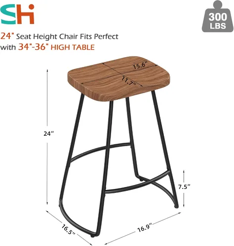 Miniatura 2 de Juego de 4 taburetes de bar industriales de metal negro con parte superior de madera, 24 pulgadas