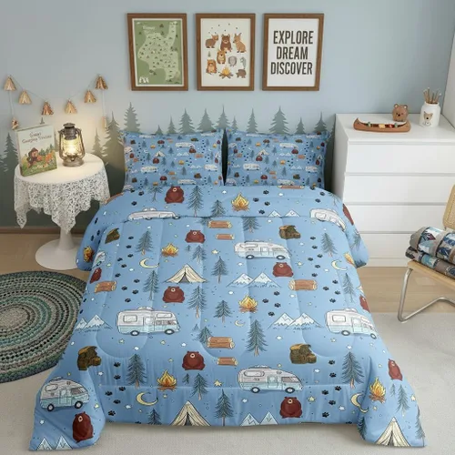 Miniatura 15 de Homewish Juego de ropa de cama con diseño de camping para niños, adolescentes y hombres, tamaño Queen, con temática de aventura en la jungla