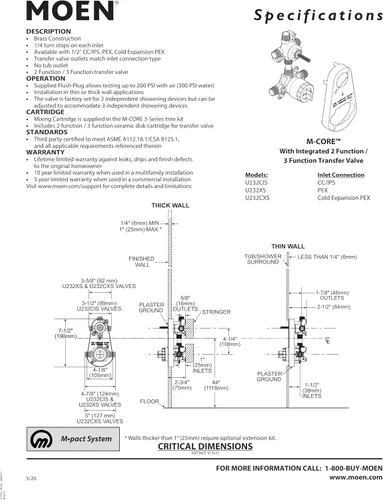 Miniatura 3 de Moen M-CORE Válvula mezcladora con válvula de transferencia integrada de 2 o 3 funciones con anillo de crimpado PEX conexiones y topes, U232XS