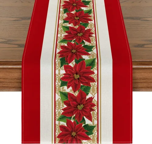 Camino de mesa de flores rojas en acuarela de Navidad, 13 x 72 pulgadas, decoración de mesa navideña para el hogar, cocina, restaurante, B 13 x 72