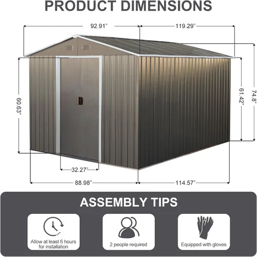 Miniatura 9 de Cobertizo de almacenamiento para exteriores de 9.94 x 7.74 pies, cobertizo de herramientas de acero con puerta y marco de suelo con doble bloqueo