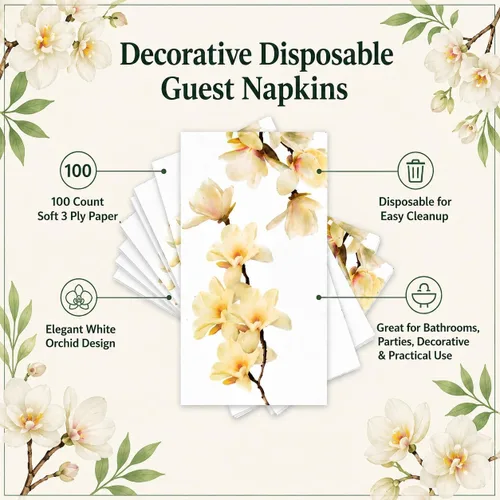 Miniatura 3 de Servilletas florales de orquídea blanca, 100 toallas de mano de papel desechables para baño, fiesta, boda, primavera, cena, bufé