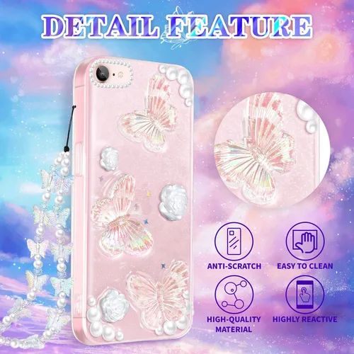 Miniatura 4 de Funda 3 en 1 para iPhone SE/7/8: diseño de mariposa 3D, purpurina, brillante, cristal, estilo lindo femenino, cadena y protector de pantalla