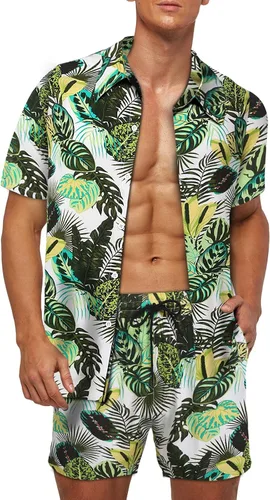 AOTORR Conjunto hawaiano de 2 piezas para hombre, trajes de chándal florales, camisas casuales de manga corta y pantalones cortos, trajes para