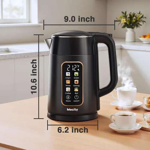 Miniatura 9 de Mecity Hervidor eléctrico de 1.7L con pantalla táctil de control de temperatura, sin contacto de plástico con agua. 6 programas de temperatura