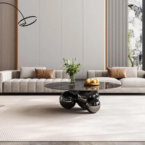 Miniatura 7 de Mesa de centro redonda moderna de mármol, 39.4 pulgadas, parte superior de aspecto de mármol negro con base de bola negra, mesa central para sala