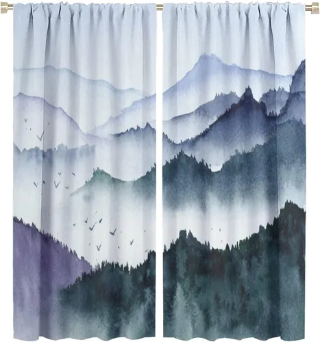 Miniatura 32 de BAEKJIN Cortinas verdes de bosque brumoso, acuarela, naturaleza, paisaje, plantas, árbol, bolsillo para barra, opacas, tratamiento de ventana