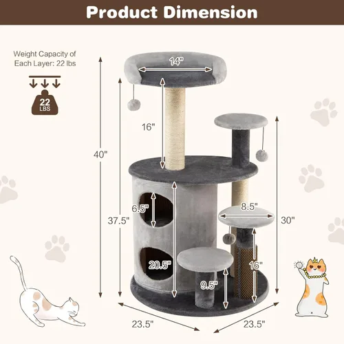 Miniatura 5 de Tangkula Árbol para gatos de interior, torre para gatos de varios niveles de 40 pulgadas con postes rascadores, percha superior, bolas de piel