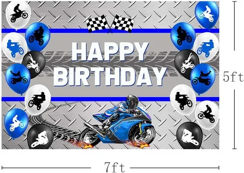Miniatura 2 de AIBIIN Telón de fondo azul de cumpleaños de motocicleta de 7 x 5 pies para niños, globo de carreras de motocross, decoración de fiesta