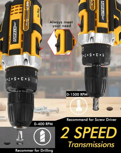 Miniatura 7 de Taladro Atornillador Inalámbrico de 48V - Torque 25+3, Motor sin Escobillas, Taladro Eléctrico de 1500RPM con 2 Baterías, Luz LED, Juego Completo