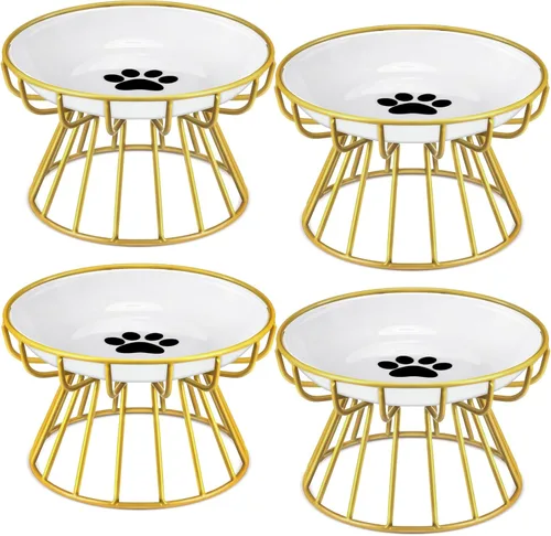 Roshtia 4 juegos de cuencos elevados de cerámica para gatos con soporte de metal, platos aptos para lavavajillas, platos elevados antideslizantes