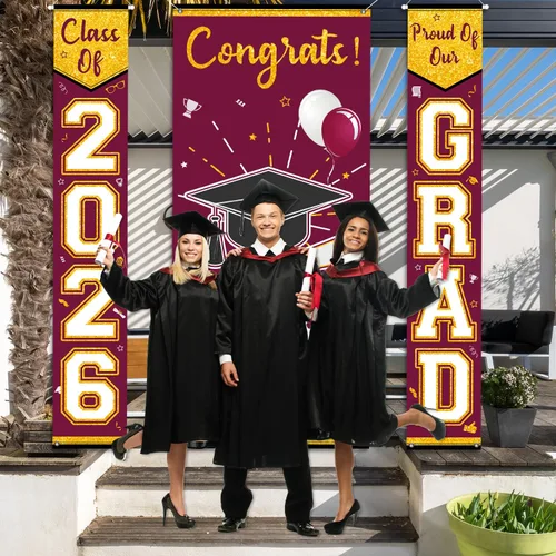 Miniatura 6 de Letrero de graduación granate y dorado para porche, decoración de graduación de Calss of 2026, 3 unidades, pancarta de graduación Cartel
