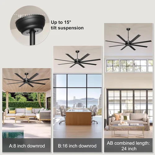 Miniatura 6 de Ohniyou Ventilador de techo grande de 72 pulgadas sin luz, ventilador industrial remoto y control por aplicación, motor de CC silencioso, ventilador