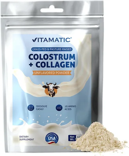Vitamatic Calostro bovino + colágeno en polvo, suplemento para la salud intestinal, crecimiento del cabello, belleza, recuperación muscular y apoyo