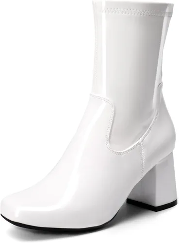 DREAM PAIRS Botas Gogo para mujer, a media pantorrilla, tacón bajo de bloque, con cremallera, punta cuadrada, para fiesta, cosplay, baile