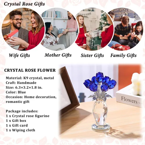 Miniatura 4 de YWHL Figura de ramo de rosas azules de cristal con jarrón, hecha a mano para mujeres en el día de la madre, flores de cristal con tallo decoración