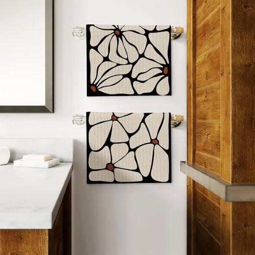 Miniatura 6 de Juego de 2 toallas de cocina retro boho floral, toallas de mano beige y negro para baño, toallas de cocina botánicas, decoración de cocina
