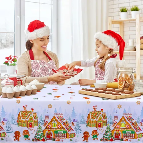 Miniatura 5 de Tiamon Mantel de Navidad de Jengibre de 60 x 104 Pulgadas, Mantel Rectángulo Reutilizable de Hombre de Jengibre, Cubierta de Mesa de Árbol