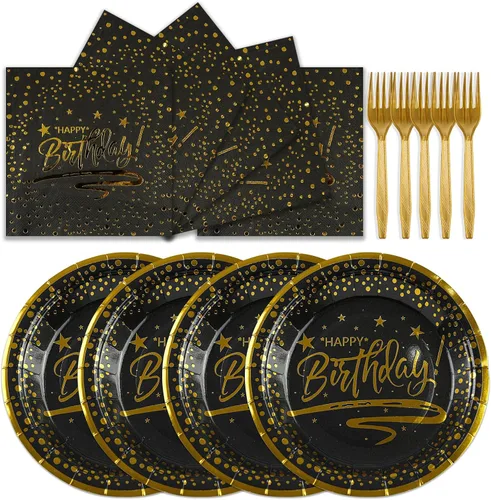 72 PIEZAS Platos y Servilletas de Feliz Cumpleaños Suministros para Fiestas, Platos y Servilletas de Papel con Puntos Negros y Dorados con Tenedores