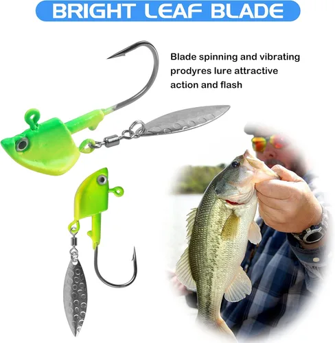 Miniatura 5 de Jig Heads anzuelos de pesca, 10 piezas de Walleye Jigs Spinner Baits Underspin Jig Heads con hoja de sauce colorido pintado resplandor plantillas