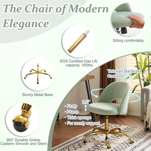 Miniatura 5 de VINGLI Silla de Oficina Pequeña de Terciopelo Moderno, Linda Silla de Escritorio con Ruedas, Base/Tachuelas Doradas, Cómoda Silla Giratoria sin