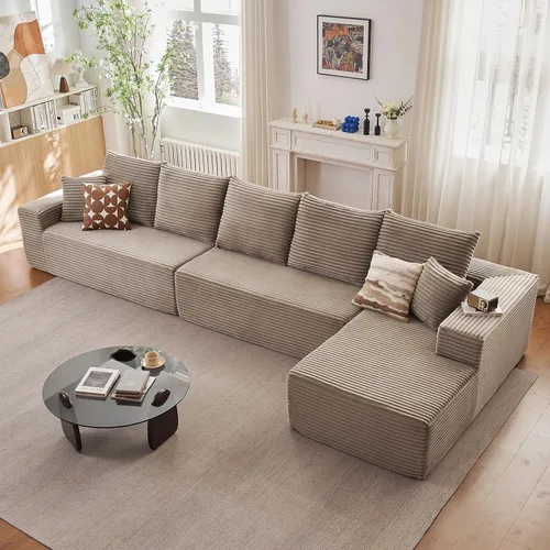 Miniatura 29 de Sofá seccional modular de 96", sofá en forma de L tipo nube sin estructura con chaise lounge, tapizado de pana con asiento profundo de espuma Negro
