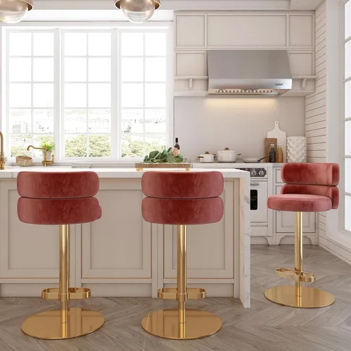 Miniatura 10 de Taburetes de bar de terciopelo modernos giratorios de altura ajustable para encimera de cocina, taburetes de bar con reposapiés para sala de estar