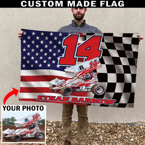 Miniatura 4 de Sprint Car Racing - Foto personalizada, nombre y número de carreras de bandera estadounidense a cuadros para amantes de las carreras de pista