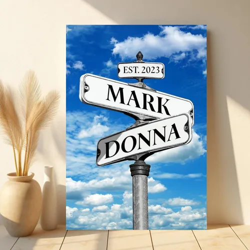 Miniatura 15 de Cartel de calle vintage de lienzo personalizado para parejas, cartel de cruce de caminos con nombre personalizado, el mejor regalo para parejas