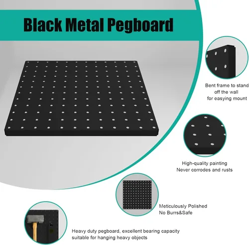 Miniatura 5 de Tablero de Clavijas, Paquete de 4 Paneles de Tablero de Clavijas de Metal Negro, Organizador de Pared con Marco Doblado, Tablero de Clavijas Grande