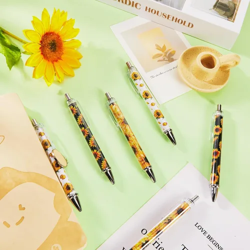 Miniatura 3 de Qilery 30 bolígrafos de girasol retráctiles a granel de flores amarillas florales creativas para plantas, bolígrafo de tinta negra, punta media