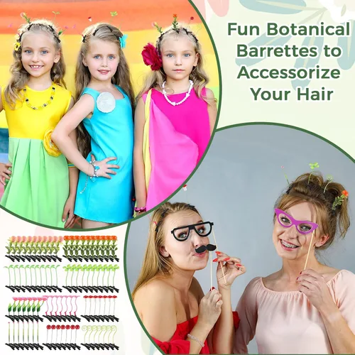 Miniatura 5 de Tigeen - 100 piezas de pinzas para el cabello con diseño de brotes de judías, divertidas horquillas de plantas, flores de césped, mariposas, hongos