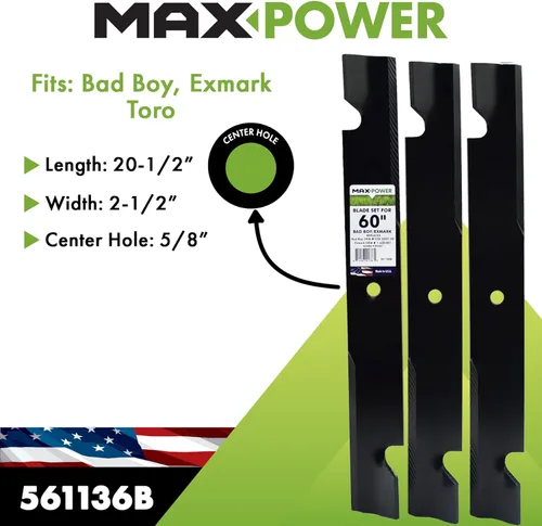 Miniatura 2 de Maxpower 561136B Juego de cuchillas de 3 elevaciones altas para muchos cortacéspedes Exmark de 60 pulgadas. Reemplaza OEM # 633483, Bad Boy