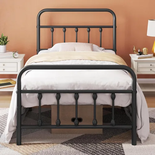 Topeakmart Marco de Cama de Metal Estilo Victoriano Tamaño Twin XL con Cabecero/Base de Colchón/No Necesita Somier/Almacenamiento Bajo la Negro
