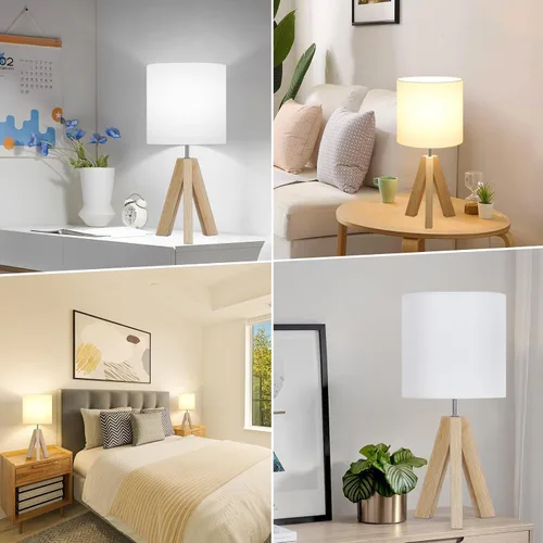 Miniatura 7 de Lámpara de mesa pequeña de madera, lámpara de mesa de trípode de madera con pantalla de tela blanca, linda lámpara de mesa boho minimalista