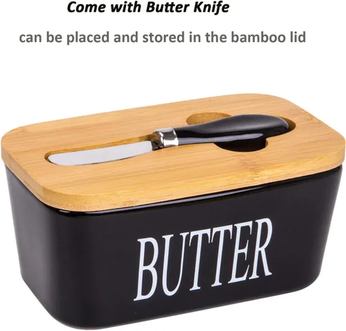 Miniatura 3 de Mantequillera con tapa y cuchillo, recipiente de cerámica para mantequilla con tapa de bambú para encimera, platos de mantequilla más grandes