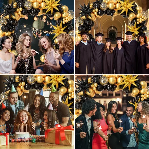 Miniatura 3 de Kit de arco de guirnalda de globos negro y dorado 158 piezas con globos de confeti negro y dorado, globos de papel de aluminio estrella