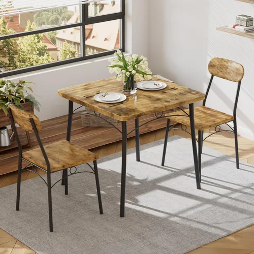 Miniatura 12 de VECELO Juego de mesa y sillas de comedor de 3 piezas para 2, juego de comedor cuadrado de metal y madera para espacios pequeños, rincón de desayuno