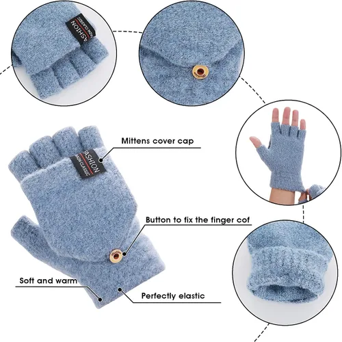 Miniatura 28 de THINP Guantes sin dedos para mujeres y hombres, guantes de invierno, guantes de lana cálida de punto sin dedos con tapa, guantes convertibles