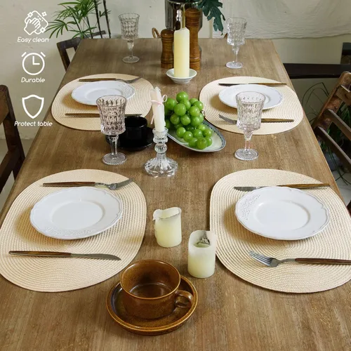 Miniatura 6 de FunWheat Juego de 4 manteles individuales ovalados trenzados para mesas de comedor, lavables, resistentes al calor, para uso en interiores y Beige